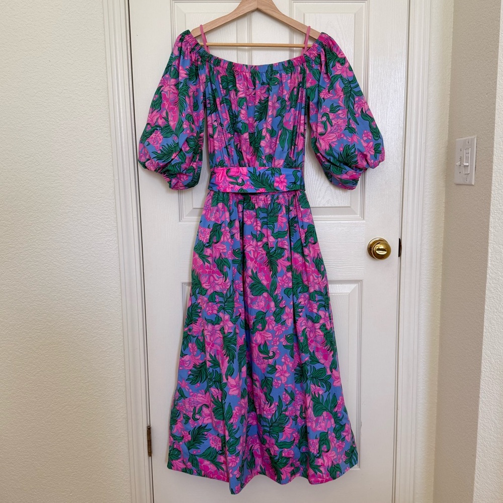 Lilly Pulitzer Pink & Green Floral Off-Shoulder Midi Dress - Picture 5 of 14
